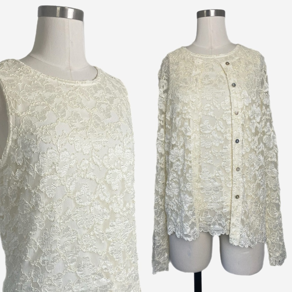 Vintage Y2K California Style ivory sheer floral mesh lace cardigan tank set S/M